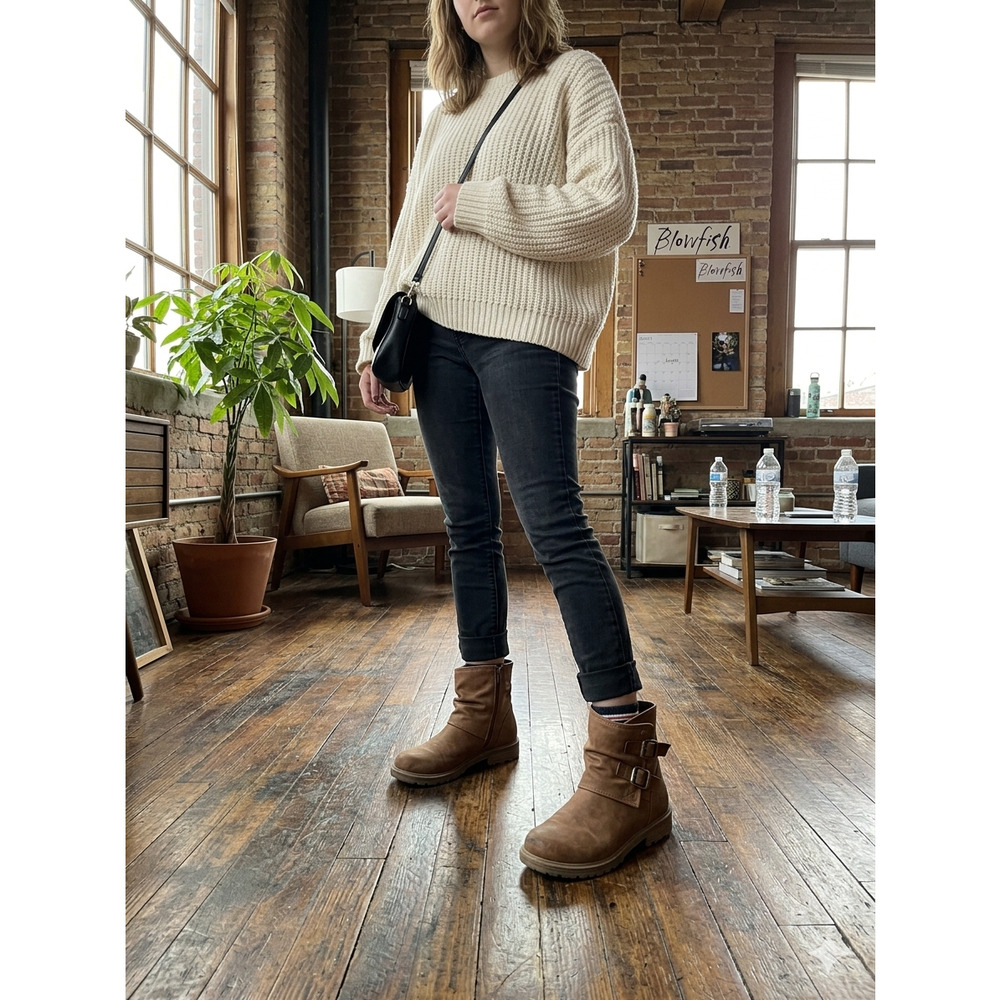 Blowfish Malibu Roria K Brown Faux Leather Buckle Boots Girls Size 3
